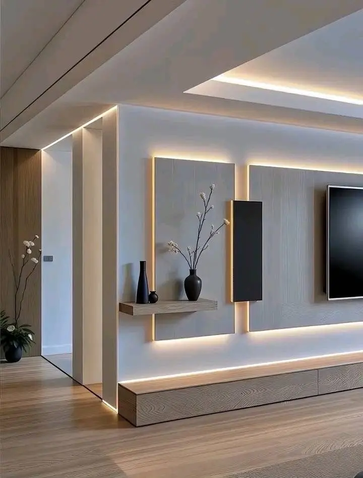 جدار تلفاز كلاسيكي مع خشب طبيعي